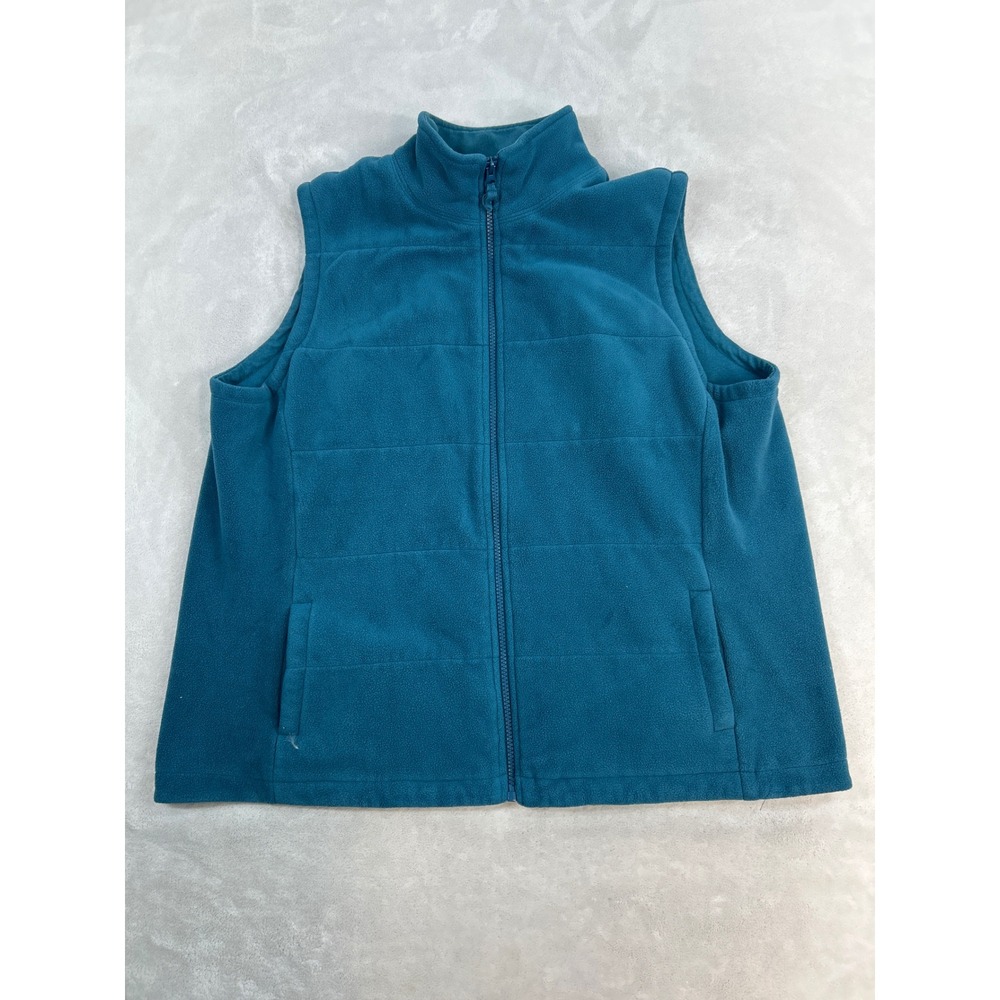 Lands' End Fleece Vest Womens XL Teal Blue Full Zip Pockets Thick Heavyweight